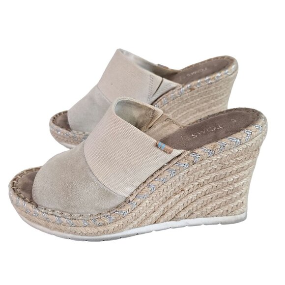 Toms Beige Wedge Espadrille Sandals Womens Size 7 Suede & Fabric Upper Peep Toe - Picture 10 of 13